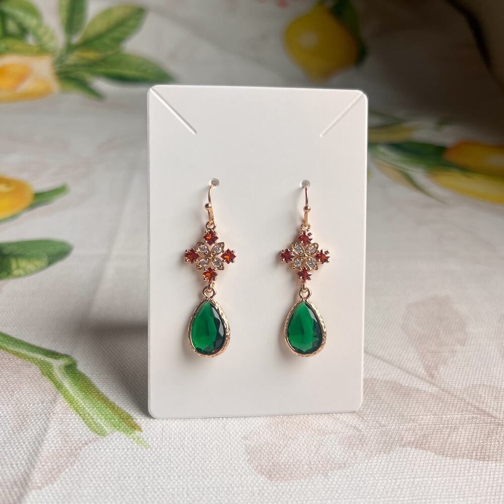 Maple Bourbon Emerald Crystal Glass Cross Shaped Boho Casual Romantic Earrings